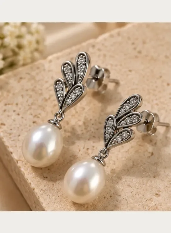 Pearl Blossom Silver Drop Earring
